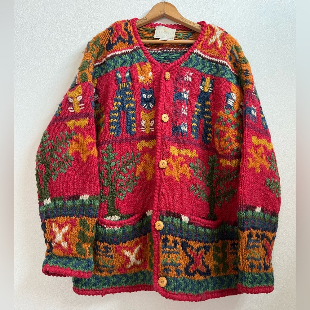 Vintage 80s Express TRICOT Hand Knit Cat Wool Oversized Cardigan Sweater M/L